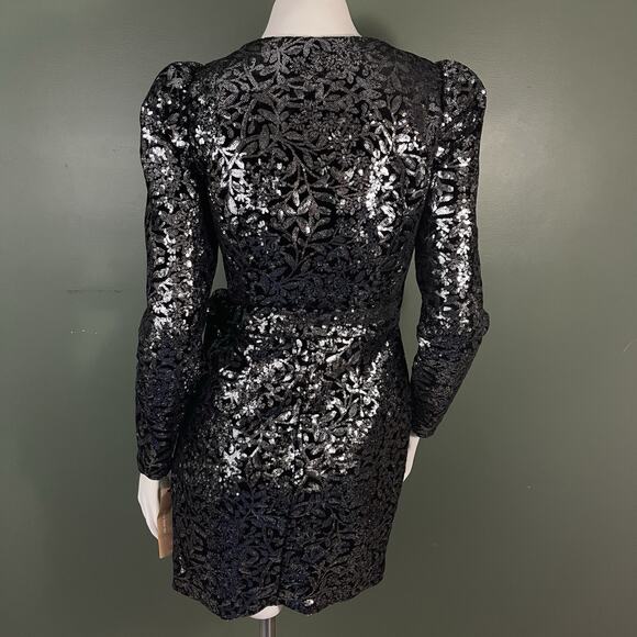 Reformation Long Sleeve Sequins Wrap Cocktail Party Mini Dress XS Black - Picture 6 of 15